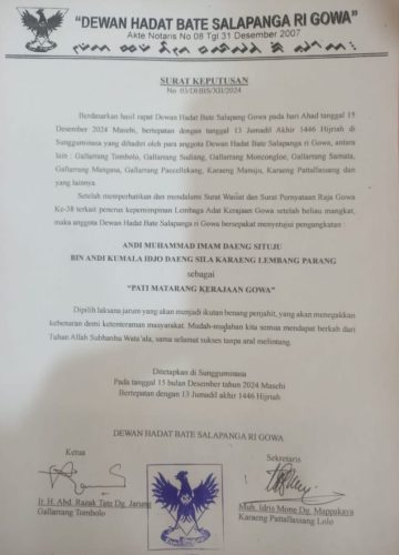 Inilah isi Surat Keputusan Dewan Hadat Bate Salapang Ri Gowa
