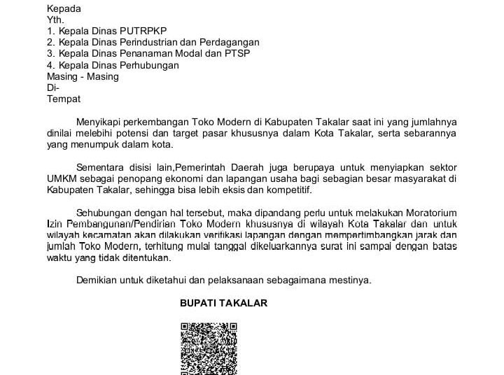 Bupati Takalar Keluarkan Surat Moratorium Izin Toko Modern
